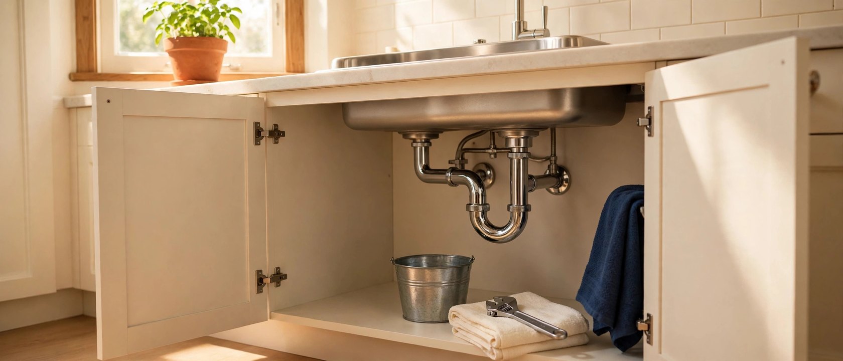 A bright kitchen sink with the cabinet doors open, a bucket and a wrench ready for a small repair.